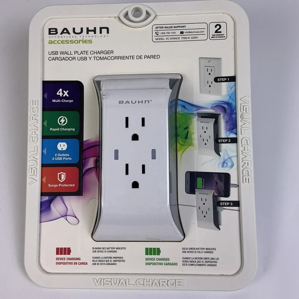 BAUHN USB Wall Plate Charger 2 Outlets 2 USB Port Rapid Charging Surge Protected
